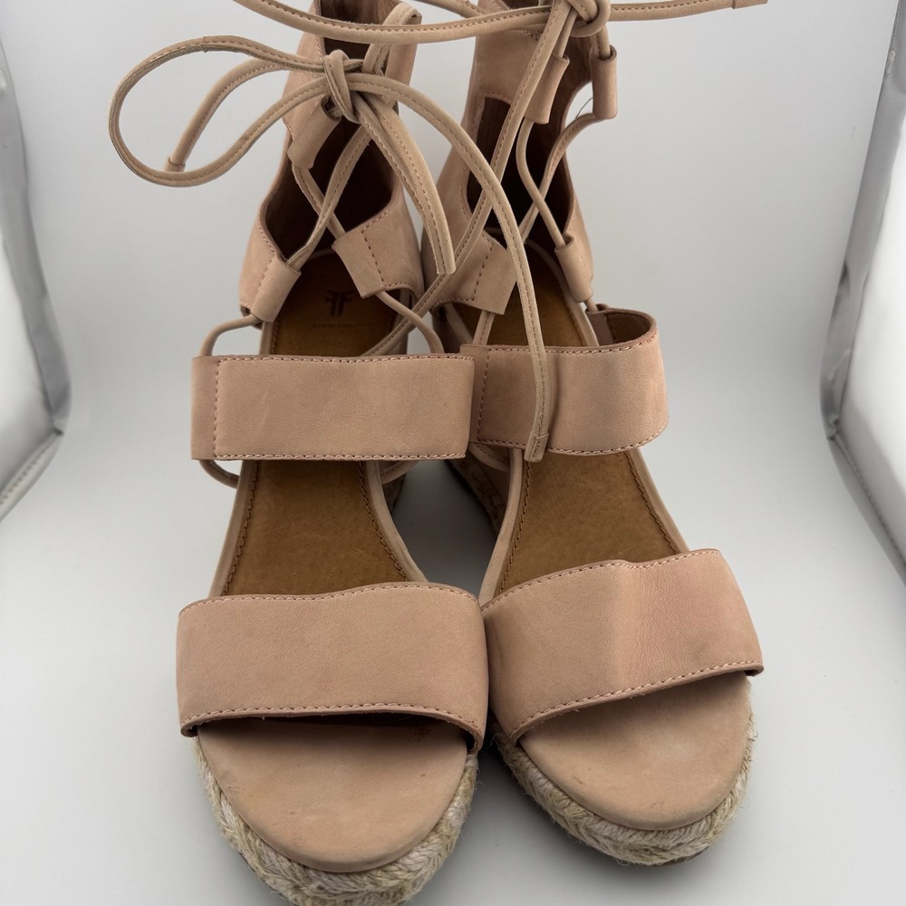 Frye Espadrille Wedge Sandals 8.5 Tan Lace Up‎ Leather Jute Platform